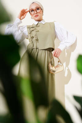 Yandan Bağcıklı Etekli Yelekli Takım Çağla Yeşili - Thumbnail