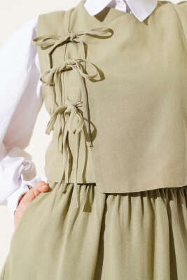 Yandan Bağcıklı Etekli Yelekli Takım Çağla Yeşili - Thumbnail