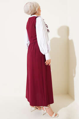 Yandan Bağcıklı Etekli Yelekli Takım Bordo - Thumbnail