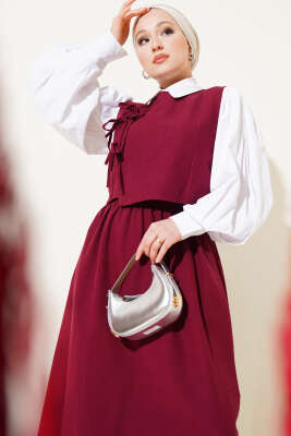 Yandan Bağcıklı Etekli Yelekli Takım Bordo - Thumbnail