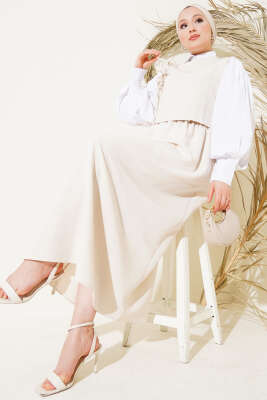 Yandan Bağcıklı Etekli Yelekli Takım Bej - Thumbnail