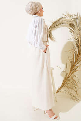 Yandan Bağcıklı Etekli Yelekli Takım Bej - Thumbnail