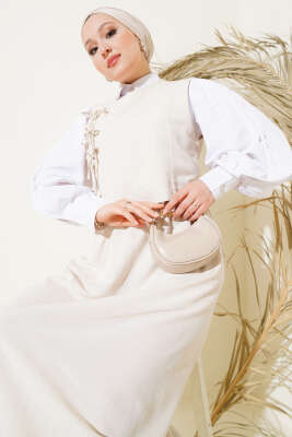 Yandan Bağcıklı Etekli Yelekli Takım Bej - Thumbnail