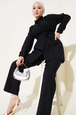 Pazarium - Büzgülü İp Kuşaklı Basic İkili Takım Siyah