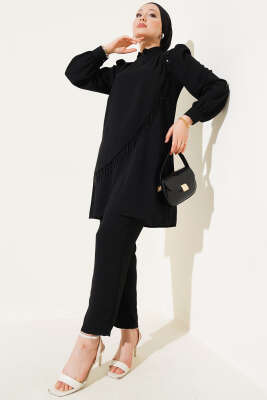 Pazarium - Çapraz Taşlı Tunik İkili Takım Siyah