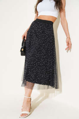 Puantiyeli Tül Midi Etek Siyah Beyaz - Thumbnail