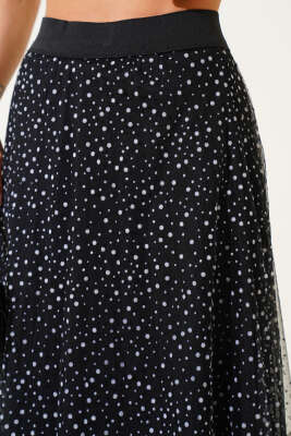 Puantiyeli Tül Midi Etek Siyah Beyaz - Thumbnail