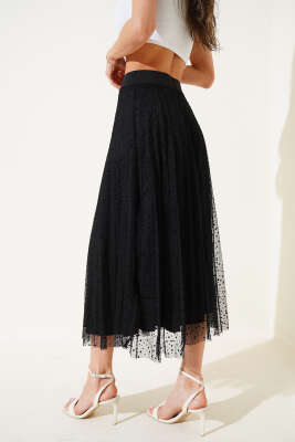 Puantiyeli Tül Midi Etek Siyah - Thumbnail