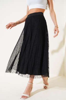 Puantiyeli Tül Midi Etek Siyah - Thumbnail