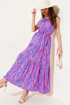 Pazarium - Zebra Desen Boyun Bağlamalı Kolsuz Elbise Pembe