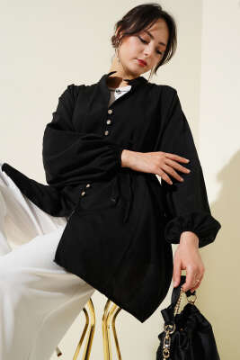 Pazarium - Taşlı Brit Düğmeli Terikoton Gömlek Siyah