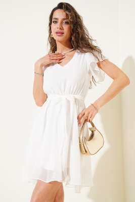 Pazarium - Şifon Belden Bağlamalı Elbise Beyaz