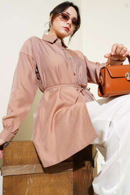 Pazarium - Minik Taş Süslemeli Gömlek Camel