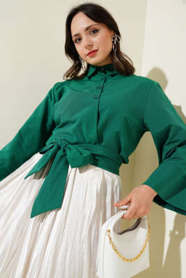 Pazarium - Düğmeli Yan Bağlamalı Kısa Gömlek Zümrüt