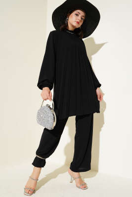 Pazarium - Yaka Taşlı Pileli Tunik İkili Takım Siyah