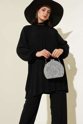Yaka Taşlı Pileli Tunik İkili Takım Siyah - Thumbnail