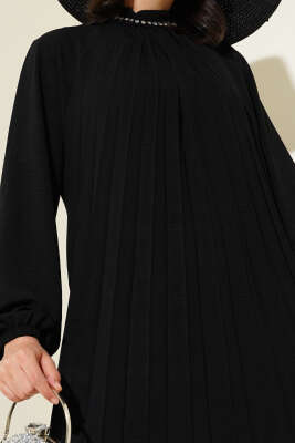 Yaka Taşlı Pileli Tunik İkili Takım Siyah - Thumbnail