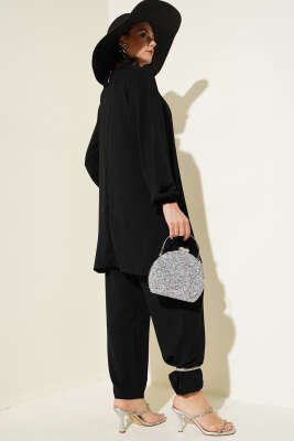 Yaka Taşlı Pileli Tunik İkili Takım Siyah - Thumbnail