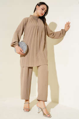Yaka Taşlı Pileli Tunik İkili Takım Latte - Thumbnail