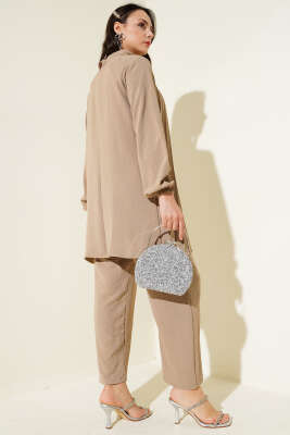 Yaka Taşlı Pileli Tunik İkili Takım Latte - Thumbnail