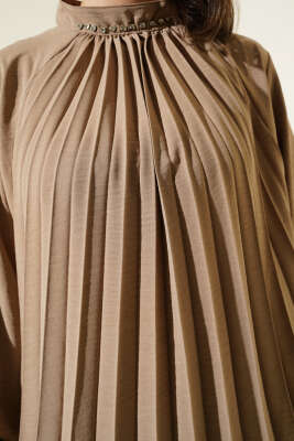 Yaka Taşlı Pileli Tunik İkili Takım Latte - Thumbnail