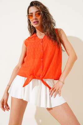 Pazarium - Petek Desen Bağlamalı Kolsuz Gömlek Oranj