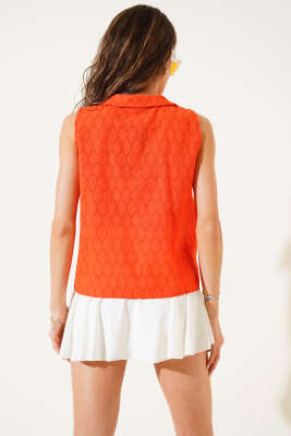 Petek Desen Bağlamalı Kolsuz Gömlek Oranj - Thumbnail