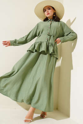 Pazarium - Metal Düğmeli Fırfırlı Etekli İkili Takım Çağla Yeşili