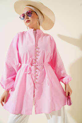 Pazarium - Taşlı Brit Düğmeli Terikoton Gömlek Pembe