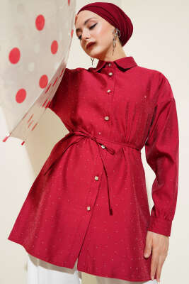Pazarium - Minik Taş Süslemeli Gömlek Bordo