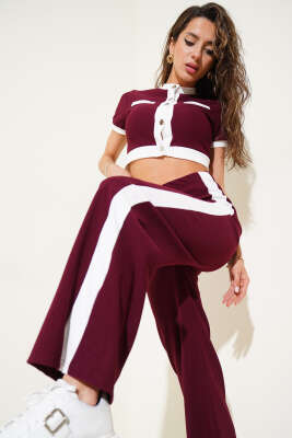 Pazarium - Metal Düğmeli Kısa Kol Kaşkorse Crop İkili Takım Bordo