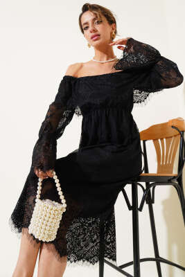 Pazarium - Kayık Yaka Dantelli Midi Elbise Siyah