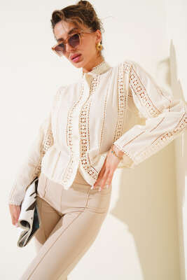 Güpür Şeritli Kısa Gömlek Taş - Thumbnail