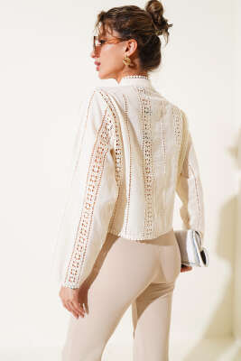 Güpür Şeritli Kısa Gömlek Taş - Thumbnail