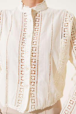 Güpür Şeritli Kısa Gömlek Taş - Thumbnail