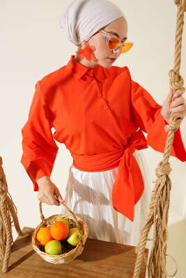 Pazarium - Düğmeli Yan Bağlamalı Kısa Gömlek Oranj