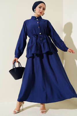 Pazarium - Metal Düğmeli Fırfırlı Etekli İkili Takım Lacivert