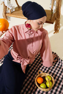 Pazarium - Düğmeli Yan Bağlamalı Kısa Gömlek Pudra