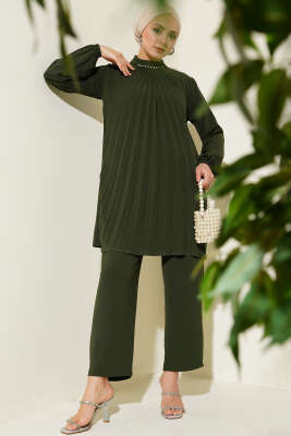 Pazarium - Yaka Taşlı Pileli Tunik İkili Takım Haki