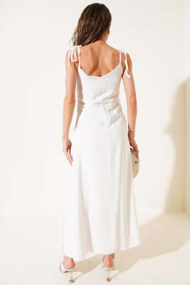 Örme Detaylı Askılı Elbise Ekru - Thumbnail