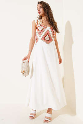 Örme Detaylı Askılı Elbise Ekru - Thumbnail