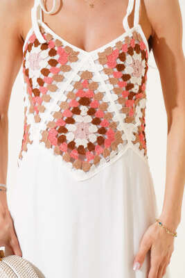 Örme Detaylı Askılı Elbise Ekru - Thumbnail