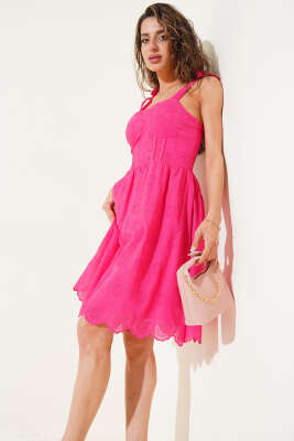 Sırt Fermuarlı Brode Elbise Fuşya - Thumbnail