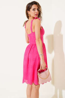 Sırt Fermuarlı Brode Elbise Fuşya - Thumbnail