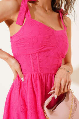 Sırt Fermuarlı Brode Elbise Fuşya - Thumbnail