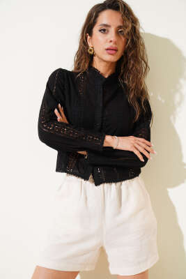 Pazarium - Güpür Şeritli Kısa Gömlek Siyah