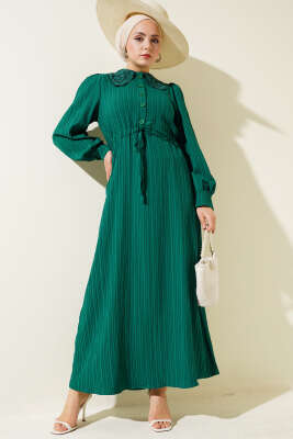 Pazarium - Yaka Dantelli Düğmeli Elbise Yeşil