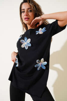 Pazarium - Duble Kol Tül Çiçekli T-shirt Siyah
