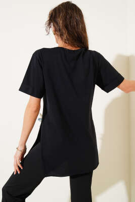 Duble Kol Tül Çiçekli T-shirt Siyah - Thumbnail