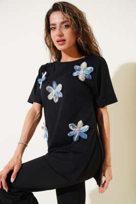 Duble Kol Tül Çiçekli T-shirt Siyah - Thumbnail